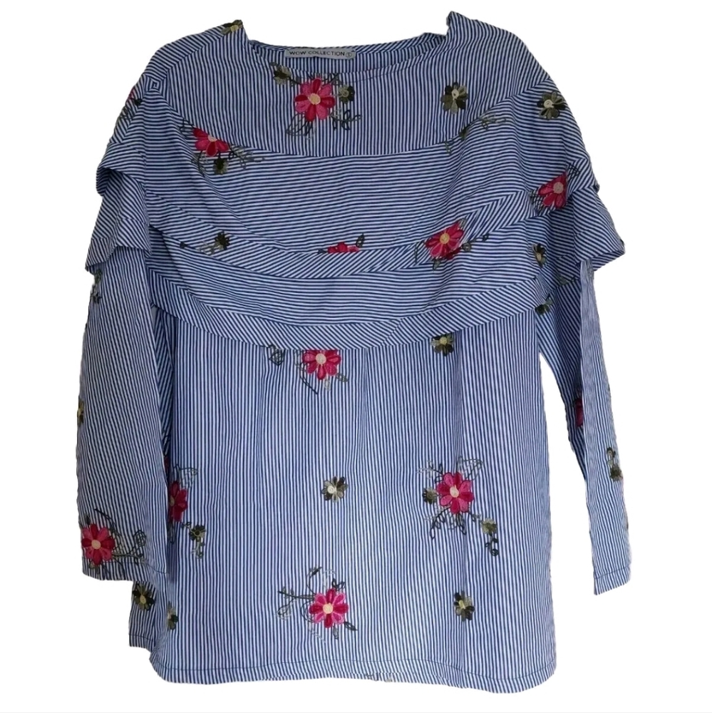 Womens  Blue White Stripe Floral Blouse ruffle shoulder blouse gorgeous! SizeSM